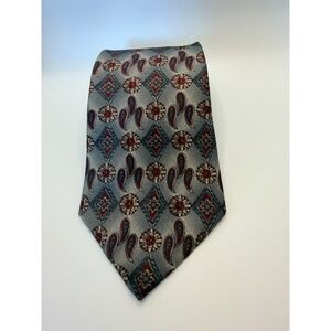 Zylos George Machado Mens Silk Necktie Grey Red Paisley Geometric Floral Tie